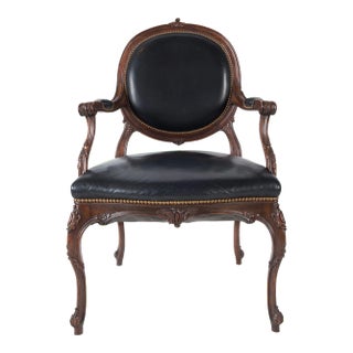 French Black Leather Armchair For Sale