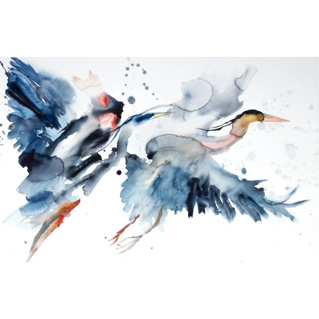 "Herons in Flight No. 5" - Original Watercolor Painting by Elizabeth Becker - Loose Expressive Modern Abstract - Pair of Two Flying Crane Birds For Sale