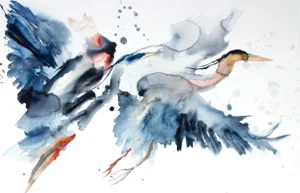 "Herons in Flight No. 5" - Original Watercolor Painting by Elizabeth Becker - Loose Expressive Modern Abstract - Pair of Two Flying Crane Birds