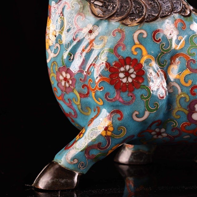 Vintage Cloisonne Enamel Ox Figure – 9.1" Gilt Mythical Bull Sculpture For Sale - Image 9 of 9