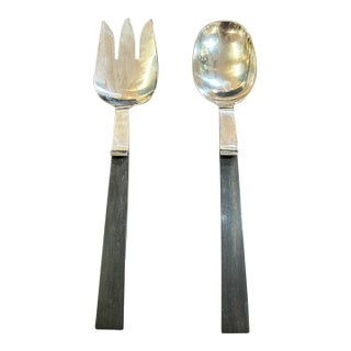 Collectible Pair of Adler Sterling Silver & Ebonized Wood Two Piece Salad Serving Set For Sale