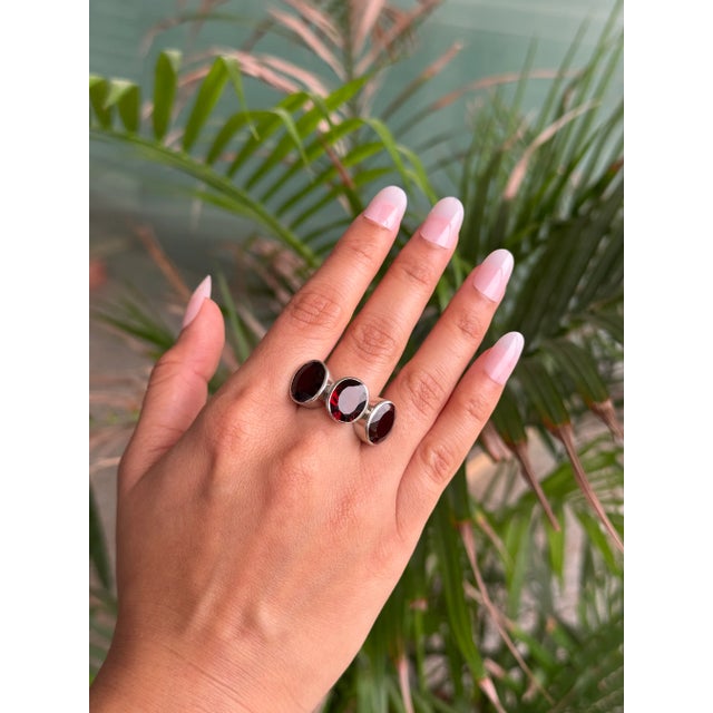 Red Antique Style Deep Red Garnet Triple Stone Bezel Set Silver Ring - Size 8 For Sale - Image 8 of 13