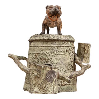 Early 20th-Century Cast Metal Bulldog Tree Stump Desk Humidor For Sale