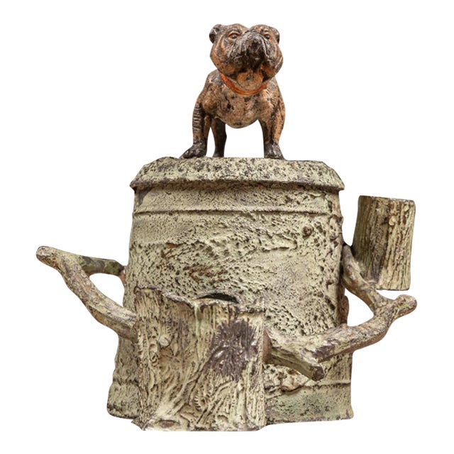 Early 20th-Century Cast Metal Bulldog Tree Stump Desk Humidor For Sale