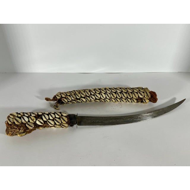 Algerian Berber Flyssa Dagger: Cowrie Shell Sheath, Etched Steel Blade For Sale - Image 4 of 10