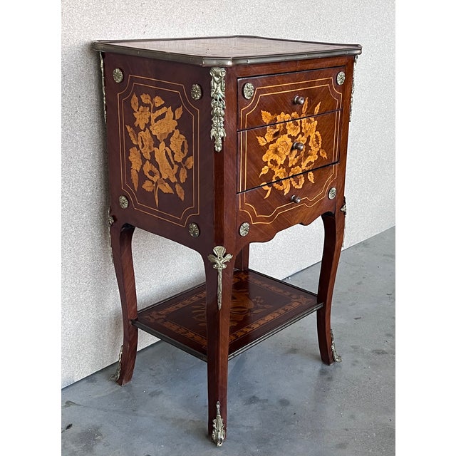 Late 19th Century 19th Century Pair of Italian Louis XV Marquetry Nightstnds With Drawers & Shelve For Sale - Image 5 of 13