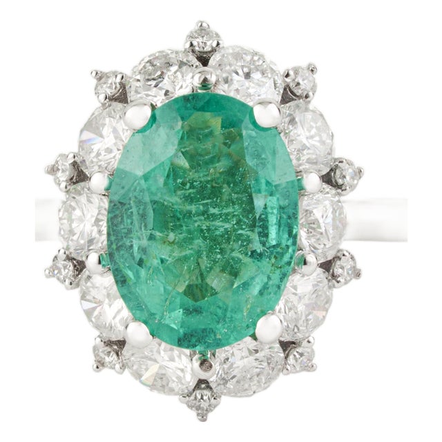 14k Gold Statement Oval Emerald & Diamond Cluster Engagement Ring Size 8 For Sale