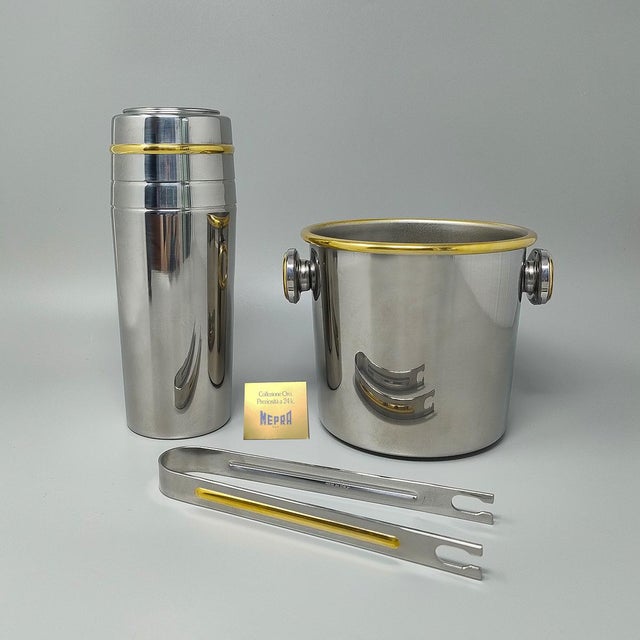Vintage Cocktail Shaker in Gold 24k and Stainless Steel with Ice Bucket by Mepra, 1970s, Set of 3 For Sale - Image 12 of 12