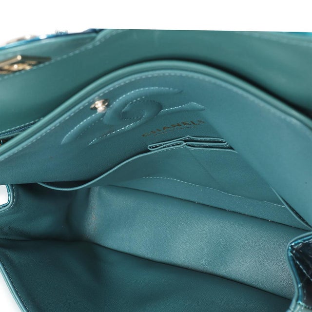 Green Blue Shaded Quilted Patent Medium Classic Double Flap Bag For Sale - Image 9 of 9