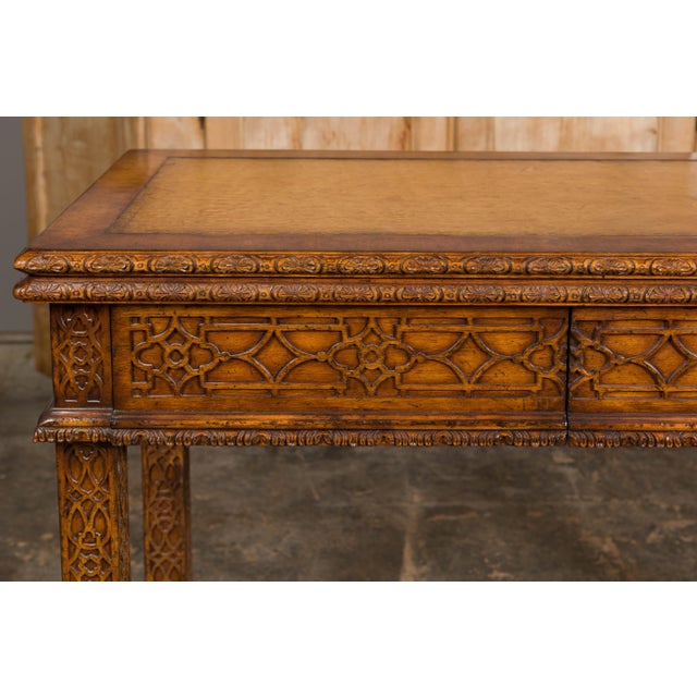 Mid-Century Modern Mid 20th Century English Midcentury Game Table with Leather Top and Abundant Carved Décor For Sale - Image 3 of 12