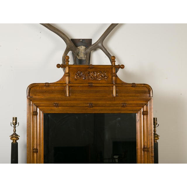 Glass Large English Faux-Bamboo Walnut Mirror Made of 1900s Doors with Carved Ivy For Sale - Image 7 of 12