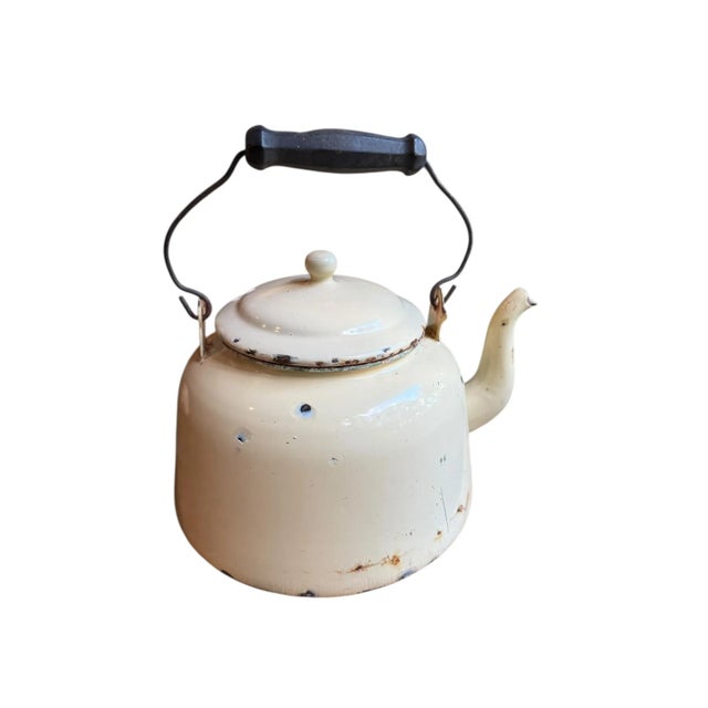 Light Yellow 20th Century Rustic Enamel Yellow Tea Kettle Cottage Decor or Planter For Sale - Image 8 of 16