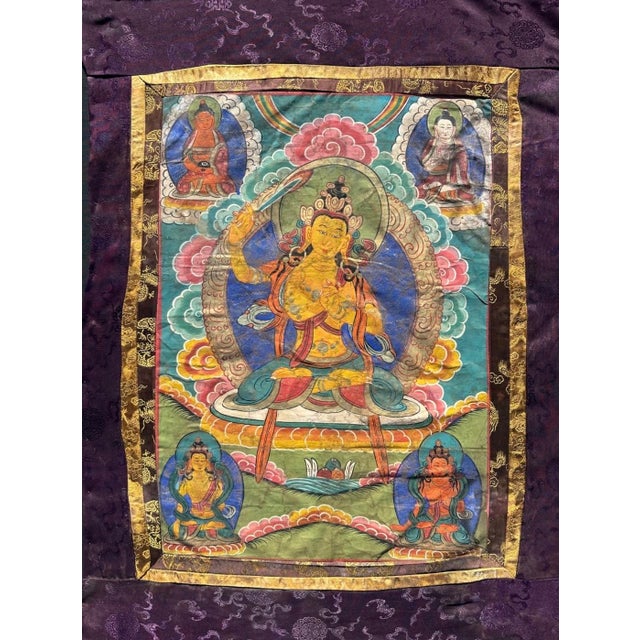 Antique 19th Century Tibetan Manjushri Thangka – Bodhisattva of Wisdom in Custom Silver Gilt Frame For Sale In San Diego - Image 6 of 18