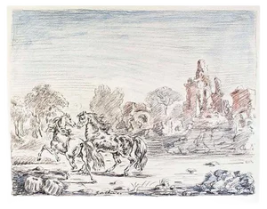 Cavalli e Rovine (Horses and Ruins) - Original Lithograph by Giorgio De Chirico 1954