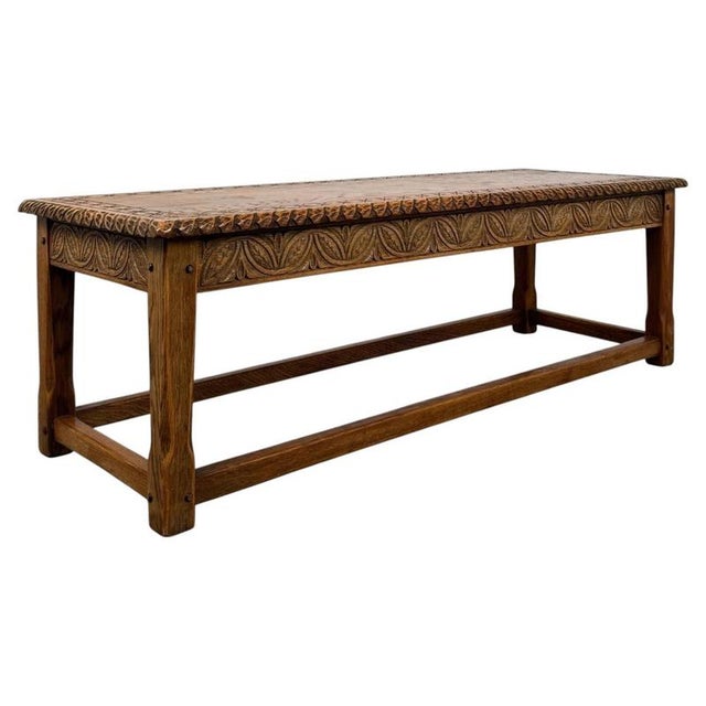 Brown Early 20th Century Antique English Edwardian Carved Golden Oak Coffee Table For Sale - Image 8 of 8