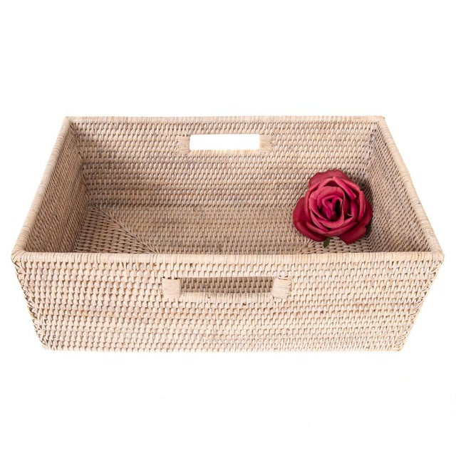 Artifacts Rattan Rectangular Shelf Basket with Side Handles in White Wash - 16" For Sale In Houston - Image 6 of 9