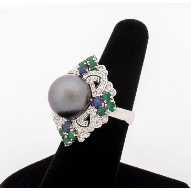 Contemporary Art Deco Style 18k White Gold, Pearl, Multicolor Gemstone, and Diamond Ring For Sale - Image 3 of 9