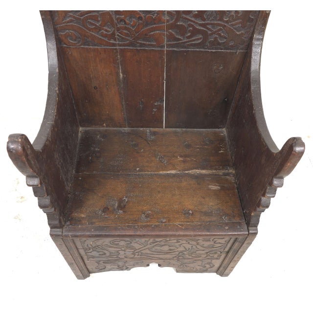 Antique German Carved Pine Wood Cathedra Throne Chair 18th C. Or Medieval For Sale - Image 13 of 15