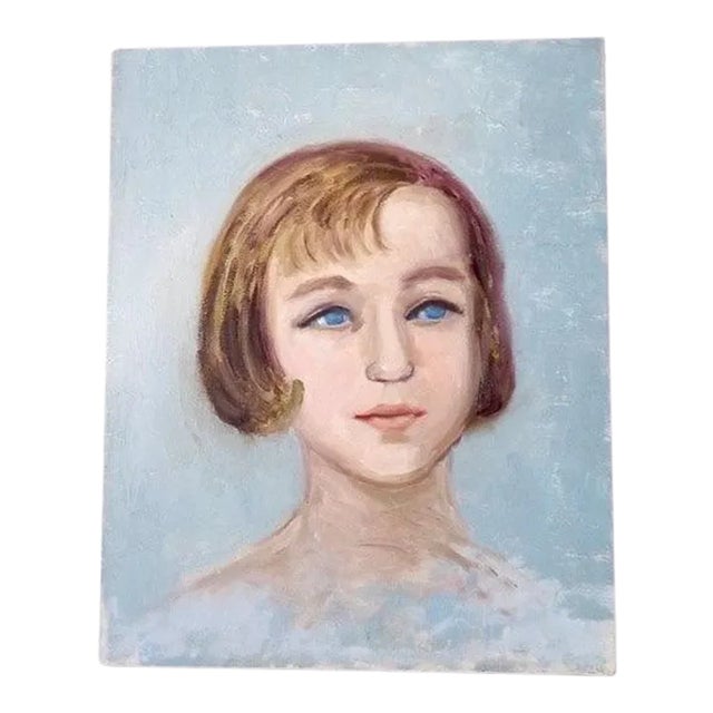 1970s French Oil Portrait Painting of a Blue Eyed Girl For Sale