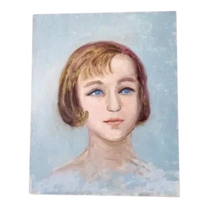 1970s French Oil Portrait Painting of a Blue Eyed Girl