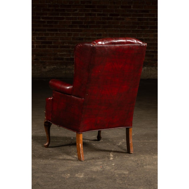 Animal Skin Vintage Tufted Leather Wingback Chesterfield Armchair in Oxblood For Sale - Image 7 of 14