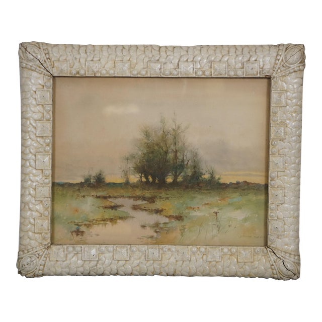 Antique Arthur Hoeber Country Meadow Landscape Watercolor Print 18" For Sale