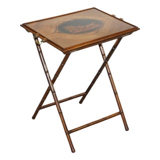 Victorian Double Sided Serving Tray on Bamboo Stand Brass Handles Marquetry Top For Sale