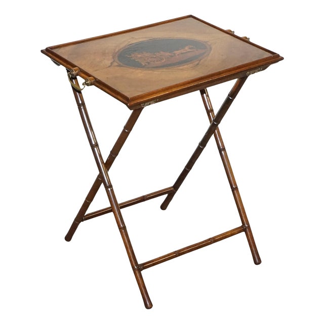 Victorian Double Sided Serving Tray on Bamboo Stand Brass Handles Marquetry Top For Sale