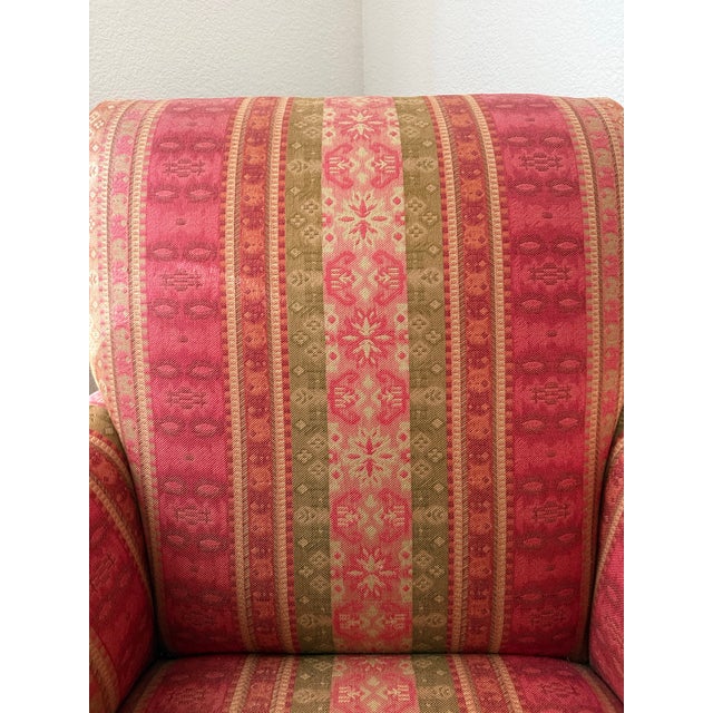 1990s Vintage Traditional English Roll Arm Accent Chair in Rose & Olive Jacquard For Sale - Image 5 of 6