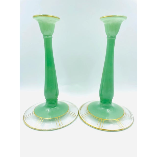 Early 20th Century Art Deco JadeiteStyle Candle Holders With Chronograph Gold Leaf Motif a