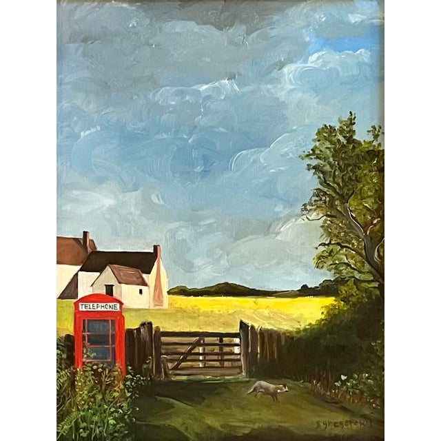 Oil painting on poplar wood of an English farmhouse, set along a green countryside, an early English phone box and a fox...
