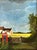 Oil painting on poplar wood of an English farmhouse, set along a green countryside, an early English phone box and a fox...