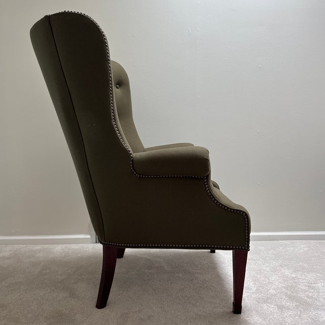 Early 21st Century Early 2000s Hickory Chair Isaac Wing Chair in Olive Wool Felt Upholstery For Sale - Image 5 of 12