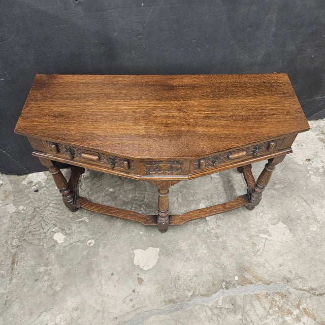 Vintage English Oak 2 Drawer Console Table With Shaped Front For Sale - Image 4 of 17