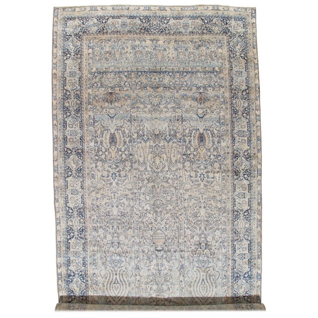 Antique Persian Lavar Kerman Oriental Carpet, Handmade Persian Rug, Ivory, Blue For Sale In New York - Image 6 of 6