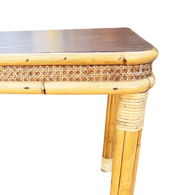 Wood 1950s Restored 4-Strand Legs Rattan Dinette Dining Table W/ Formica Top & Wicker Sides For Sale - Image 7 of 9