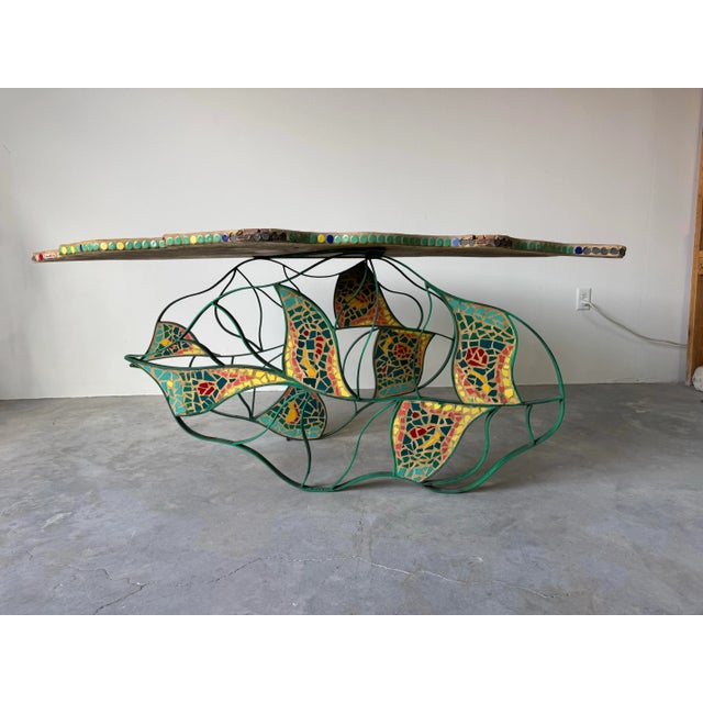 1991 Carlos Alves Sculptural Handmade Mosaic and Metal Leaf Motif Dining Set of 5 For Sale - Image 9 of 12