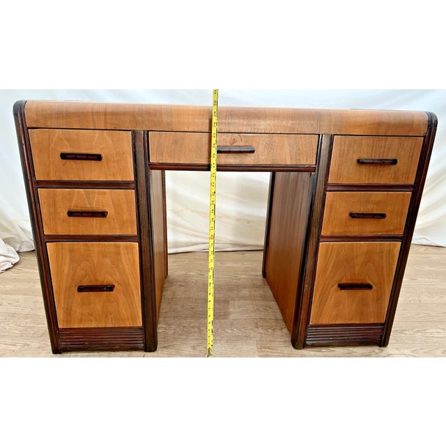 Brown Vintage Art Deco Desk, Waterfall Top, Seven Drawers With Bakelite Pulls, Walnut For Sale - Image 8 of 12