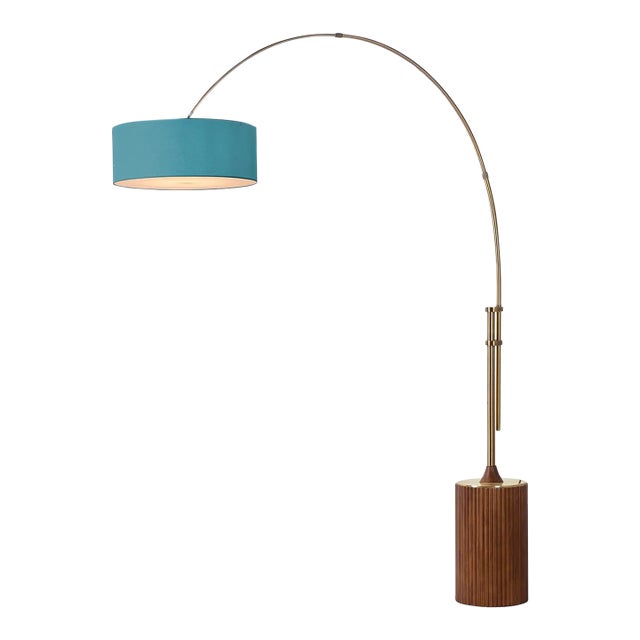 1980s Tambo 92"h 1-Light Arc Lamp, Turquoise Linen Shade, Dark Walnut Base, Weathered Brass, Dimmable, for Living Room or Bedroom For Sale