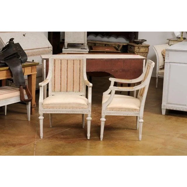 1900s Swedish Gustavian Style Painted Wood Armchairs with Carved Aprons - A Pair For Sale - Image 10 of 11