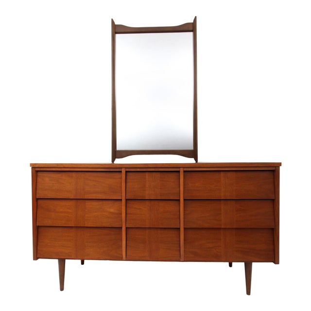 MidCentury Modern Ward Furniture Walnut Triple Dresser and Mirror