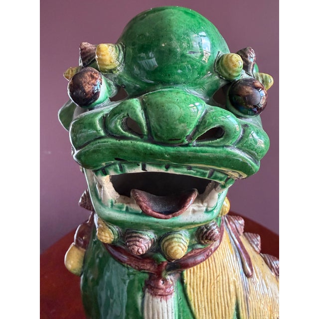 Ceramic Foo Dog 19th Century Antique Chinese Hand Made Ceramic in the Famille Vert Glaze. 15-3/4” Tall. For Sale - Image 7 of 11