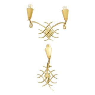 20th Century French Gold Wall Light Sconces in Brass attributed to Jules Leleu, Set of 2 For Sale