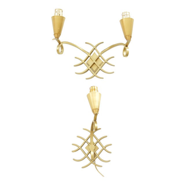 20th Century French Gold Wall Light Sconces in Brass attributed to Jules Leleu, Set of 2 For Sale
