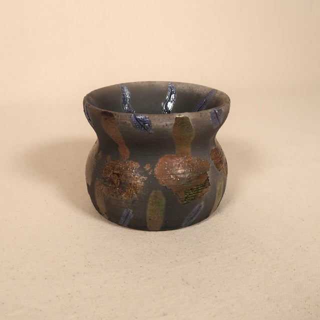 Signed Studio Pottery Raku Ceramic Vessel With Metallic Copper Glaze and Abstract Brushwork For Sale - Image 14 of 17