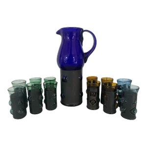 Vintage Brutalist Felipe Derflingher Imprisoned Glass Pitcher and 12 Glasses