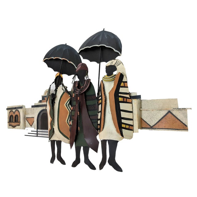 Unique Signed 1996 C. Jere 3 Village Women with umbrellas Wall Sculpture. C. Jeré is a metalwork artist of wall sculptures...