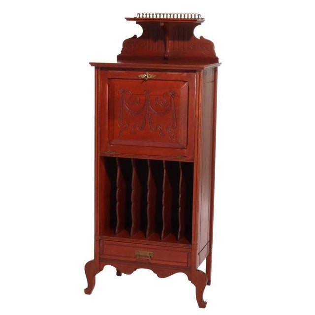 Late 19th Century Eastlake Style Chip Carved Cherry & Ormolu Drop Front Music Cabinet Stand C1890 For Sale - Image 5 of 7