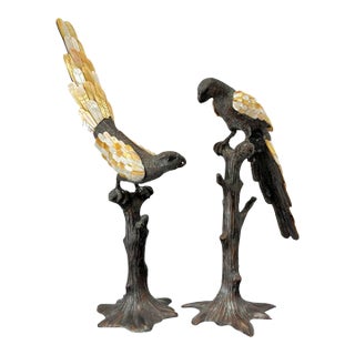 Maitland Smith Bronze & Mother of Pearl Parrot Sculptures, a Pair For Sale