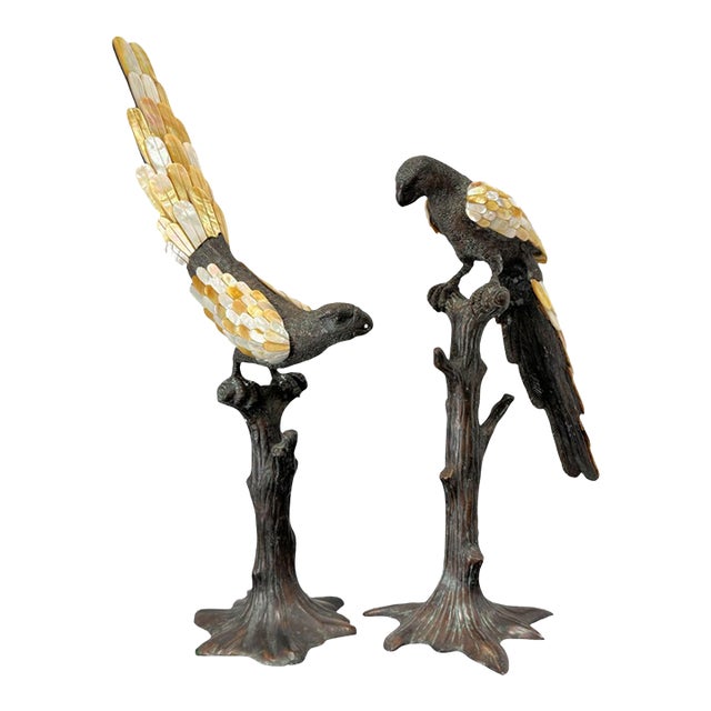 Maitland Smith Bronze & Mother of Pearl Parrot Sculptures, a Pair For Sale